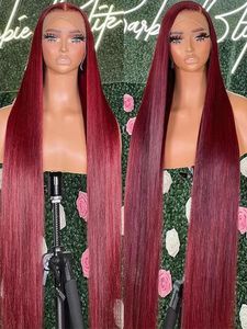 Бордовый 136 HD Парик из натуральных волос на фронтальной части шнурка Прямой красный 134 Передние парики для женщин Предварительно сорванные 99J Цветные 240127