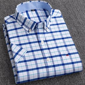 Mens Short Sleeve Oxford Plaid Striped Casual Dress Shirts Front Patch Chest Pocket Regularfit Buttondown Collar Work 240119