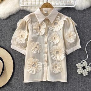 Blusas femininas doce 3d flores camisas para mulher turn-down colarinho lapela única manga curta puff dobras blusa solta outono topos gota