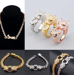 Nuova moda progettata lussuosa collana di ghepardo donna uomo catena spessa Bracciale punk in oro pieno di diamanti orecchino Fascino di moda Gioielli di design Hip Hop Rock