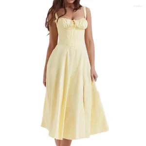 Vestidos casuais 2024 retro estilo francês amarelo ruched arco peito espartilho midi vestido sexy mulheres cruz lacing up back fenda sling robe