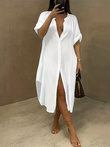 Artı Boyut 2024 İlkbahar ve Yaz Kadınları Tek Satır Üstü Düğmeler Elbise Düz Renk Sıradan Gevşek Uzun Elbise Polyester Malzeme 240130