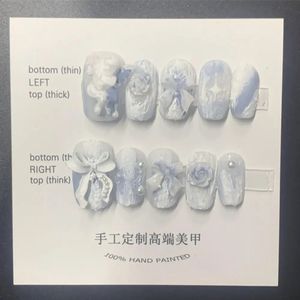 Handmade Blue Korean Press on Nails Acrylic Medium-length Full Cover Nail Tips Y2K Artificial False Nails with Designed Angel 240129