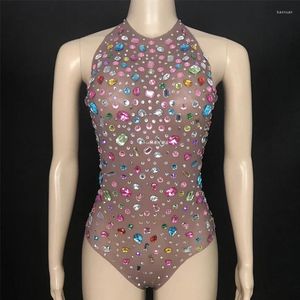 Scen Wear Colorful Rhinestones Bodysuit Sexy Mesh Leopards Nightclub Party Pole Gogo Dancer Costume Women Singer Festival Outfit XS6056