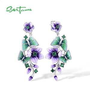 SANTUZZA Pure 925 Sterling Silver Stud Earrings For Women Purple Flower Butterfly Green Spinel Fine Jewelry Handmade Enamel 240127