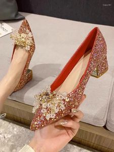 Scarpe eleganti Matrimonio rosso Due spose Tacchi spessi con tacco alto in cristallo francese