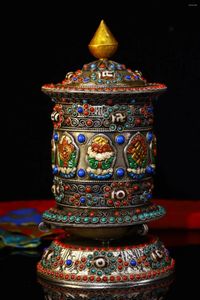 Декоративные статуэтки 8-дюймовая коллекция тибетского храма Старая бронзовая мозаика Драгоценный камень Благоприятные восемь сокровищ Молитвенное колесо Амулет из Священных Писаний Будды