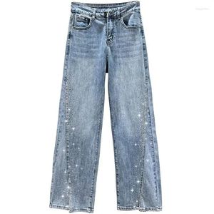 Women's Jeans With Pockets Pants For Women Rhinestones Blue Straight Leg Womens High Waist S Trousers Aesthetic Korean Fashion Spring