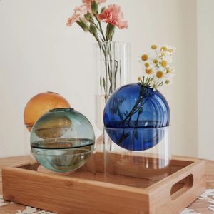 INS Style Glass Vase Hydroponics Colorful Round Vase Nordic Home Decor Living Room Decoration Mini Glass Vases Tabletop Decor 240119