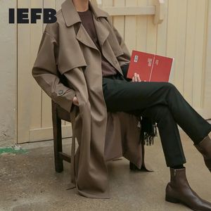 Iefb outono moda coreana duplo breasted blusão masculino médio longo solto bonito trench coat cinto 9y5262 240122