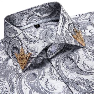 Mode Paisley Floral Men Shirt Silver White Business Casual Long Sleeve Social Collar Shirts Brand Male Button Bluses 240127