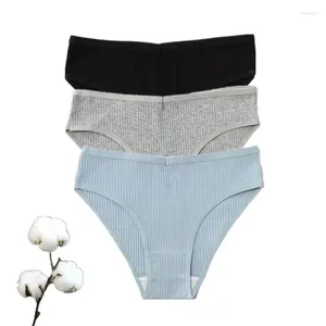 Women's Panties 3Pcs Simple Cotton Underwear For Women Ribbed Solid Color Comfort Briefs Ladies Elastic Breathable Sport Bikini M-XXL
