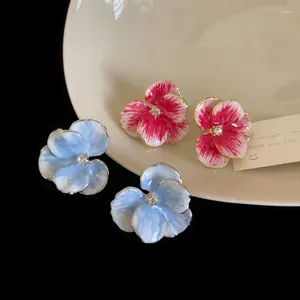 Stud Earrings Minar Statement Pink Rose Blue Gradient Color Enamel Rhinestones Large Flower For Women Wholesale Wedding Jewelry
