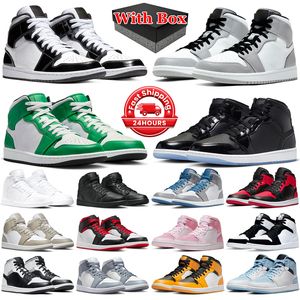 Box 1s Jumpman 1 Mid Basketball Shoes 남성 여성 가벼운 연기 회색 팬더 트리플 블랙 화이트 골드 우주 잼 디지털 핑크 남성 트레이너 야외 스포츠 운동화