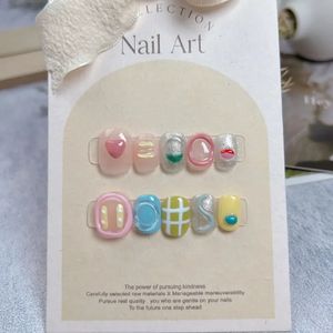 Handmade Blue Press on Nails Short Korean Cute Hand Paint 3d Design Reusable Adhesive False Nails Acrylic Artificial Manicure 240129