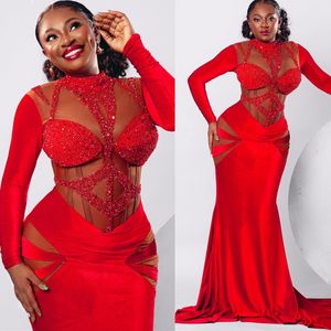 2024 ASO EBI Red Mermaid Prom Dress Satin Pärled Sexig kväll Formell fest Second Reception födelsedagsengagemang klänningar klänningar mantel de soiree zj19