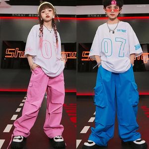 Scene Wear Street Dance Children modekläder pojkar vita t-shirt lastbyxor hiphop löst set flickor jazz kostymer dqs13357