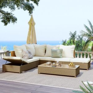 Mobili da campeggio Patio Set di divani in rattan in 3 pezzi Set componibile in vimini PE per tutte le stagioni con struttura per chaise longue regolabile e tavolo in vetro temperato