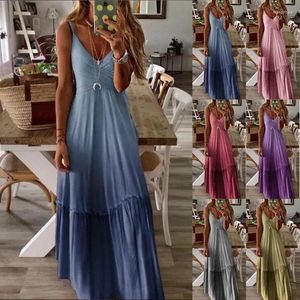 Casual Dresses Lady Party Clubwear V Neck Gradient Färg veckad lång klänning ärmlös solid elegant temperament sling off-shoulder