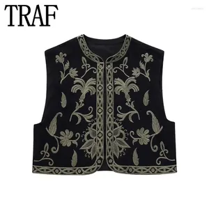 Kvinnors västar traf svart broderad västkvinna beskuren ärmlös för kvinnor Cardigan Autumn Vintage Jacket Waistcoat Short Boho