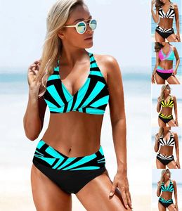 Costume da bagno bikini estivo ad alta elasticità da donna Set costume da bagno da spiaggia sexy in due pezzi con stampa di linea in tinta unita S-5XL