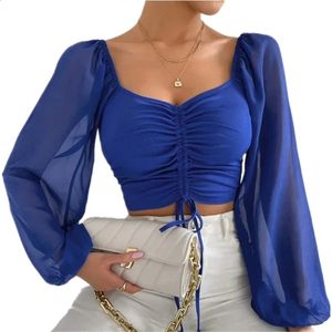 Sexig Vneck Women T Shirt Casual DrawString Crop Tops Tee Ladies Bluas Summer Short Tshirt Woman Clothes Long Sleeve T Shirt 240124