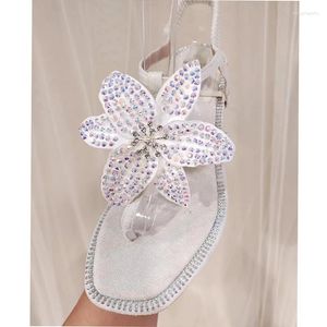 Sandals White Rhinestone Lily Flower Thong Toe Square Heels For Woman Mid Crystal Ankle Strap Wedding