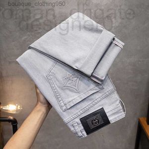 Herr jeans designer designer sommar jeans för män premium grädde grå mode high end herrar märke elastisk smal passform liten rak rör denim långa byxor tx20 ​​34ZQ