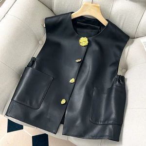 Lightweight Luxury Leather Womens Tank Top 2024 Spring/Summer New Fashion Design Sense Black Sleeveless Cardigan Womens Top 240216