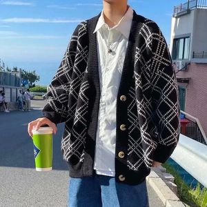 Man Clothes V Neck Coat Plaid Knitted Sweaters for Men Black Jacket Cardigan X Fun Winter Street Korean Style Sheap Jumpers 240130