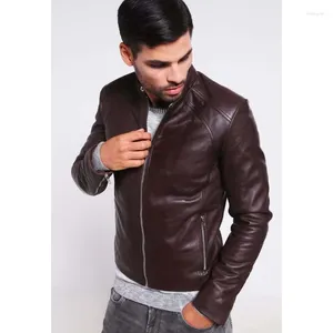 Erkek Ceketler Koyu Kahverengi Premium Kaliteli Kuzu Deri Deri Şık Biker Ceket