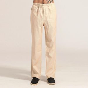 Мужские брюки, мужские удобные базовые льняные брюки, восточный стиль для отдыха, бежево-серые брюки, прямая мужская повседневная удобная одежда с эластичной резинкой на талии