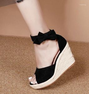 Sandals LIHUAMAO Suede Elegance Wedges Peep Toe Bowtie Shoes Women Espadrilles Heel Pumps Rope Outsole Comfort Csaual