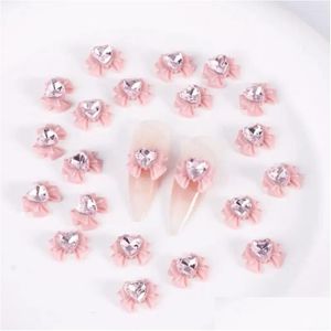 Nail Art Decorations Manicure Supplies Charming 3D Heart Faux Pink Bow Charms Rhinestones For Phone Case Accessories Drop Delivery Hea Otlnm