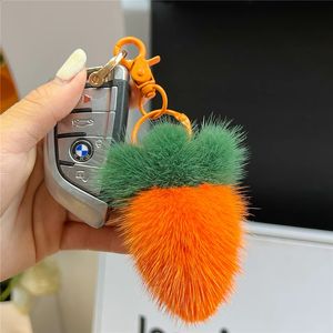 Soft Cute Real Mink Fur Keychain Plush Toy Carrot Women Bag Ornament Car Key Ring Pendant Highend Birthday Gift Jewelry Trinkets 240122