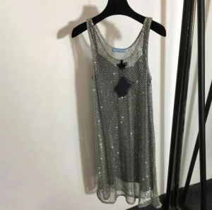 23SS Shiny Rhinestone Mesh Vest Dresses With Base Skirt Designer Ladies Party Night Club Silver Dress