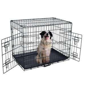 Dog Carrier Folding Cage Houses Kennels Accessories 2 Doors Wire Pet Crate Cat Suitcase 48Inch Drop Delivery Home Garden Supplies Dhne9