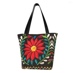Sacos de compras mexicano espanhol bordado flores tote reciclagem lona ombro shopper tradicional bolsa têxtil