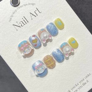 Handmade Blue Press on Nails Short Korean Cute Reusable Adhesive False Nails Full Cover Nail Tips Acrylic Artificial Manicure 240129