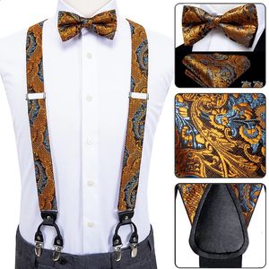 Luxury Silk Adult Mens Suspenders Metal 6 Clips Bow Tie Hanky ​​Cufflinks Male Wedding Party Vintage Elastic Justerable 240119