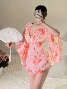 Vestidos casuais japonês sexy impresso chiffon cintura amarrada quimono uniforme roupão para mulheres vestido elegante rosa doce menina bonito s063