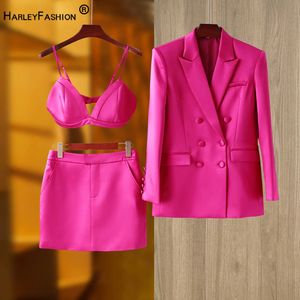 Smooth Satin Fabric Fusicha 3PCS Blazer Suit Fashion Elegant Street Mini Skirt Women Quality Clothing 240202