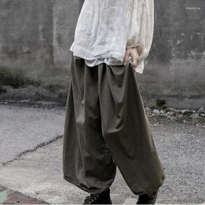 Women's Pants Johnature Women Cotton Vintage Wide Leg Elastic Waist Loose Olive Grey Autumn Trouser 2024 Casual Soft