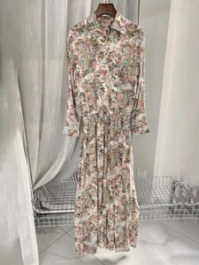 Casual Dresses Zessam Flower Graphic Print Women Dress Turn-Down Collar Long Sleeve Button Lady Skirt Classic Femme 2024