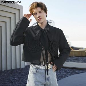 Mens Blazer Flower Patchwork Långärmning Öppen Stitch Streetwear Suits Men Lace Up Spring Fashion Casual Crop Coats Incerun 240201