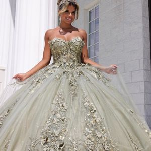 Ljusgrön glansig från axelkristall spetsboll klänning quinceanera klänning applikation 3d blommor korsett vestidos 15 de xv anos