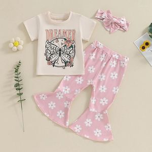 Clothing Sets Baby Girls 3Pcs Summer Outfits Short Sleeve Butterfly Print Tops Flare Pants Headband Set Toddler Clothes