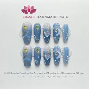 Handmade Blue Press On Nails Design Charms Luxury Full Cover Medium Coffin Manicuree Wearable Fake Nails XS S M L Size Nail Art 240127