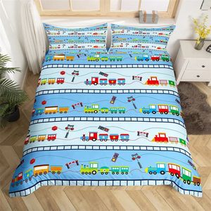 Kids Cartoon Train Däcke Cover Set Toy Car Bedding Polyester Multicolor Fordon Comporter Single Twin For Boys Teens 240131