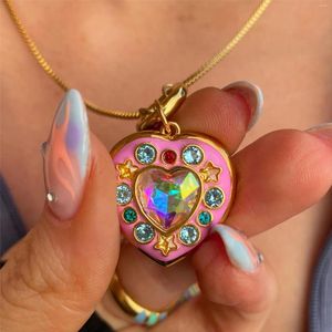 Kedjor Full Zircon Colorful Pink White Heart Necklace For Women Girls Rose Quartz Barbie Jewelry Accessories Present